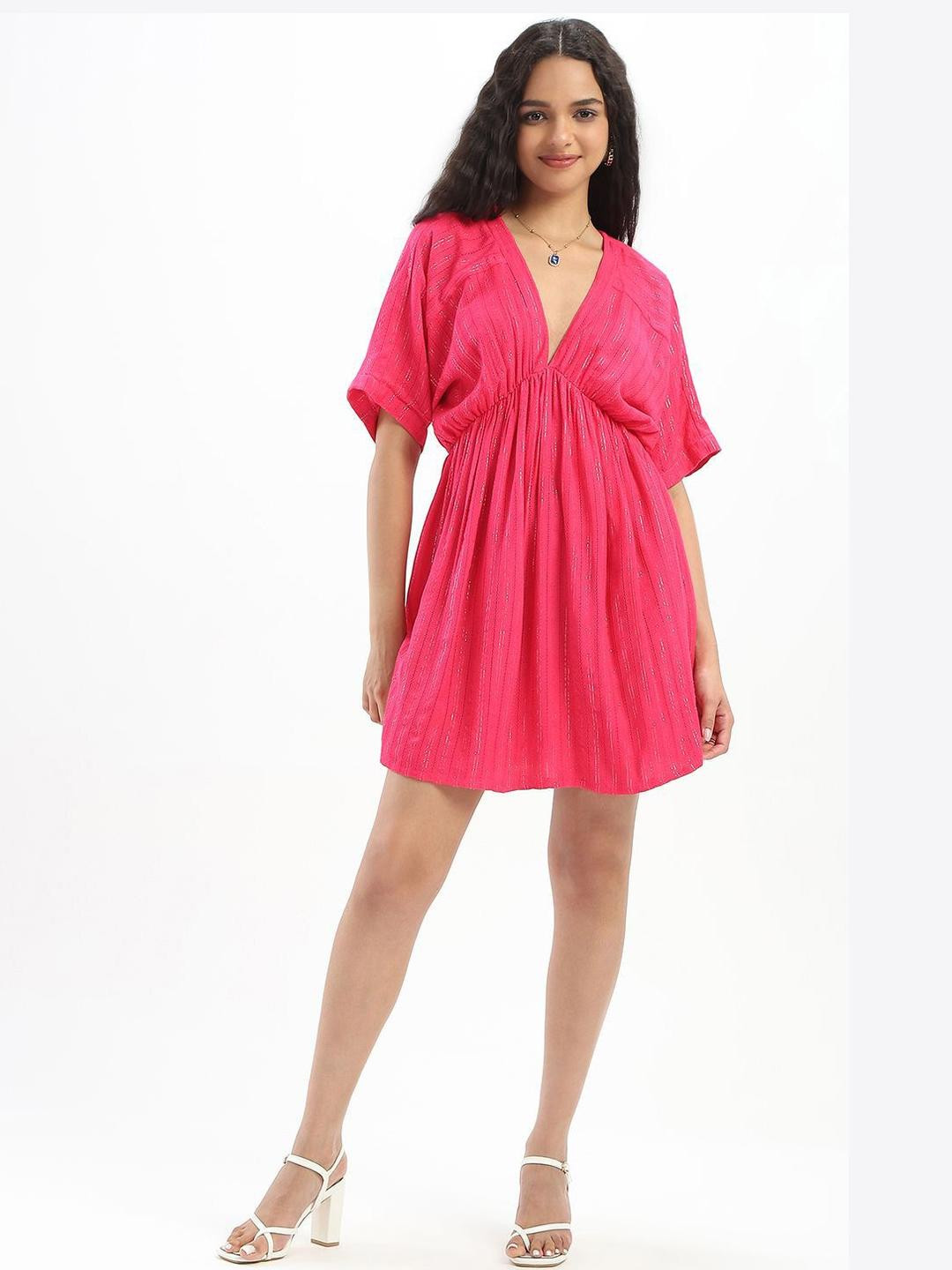HERE&NOW Women Pink Empire Deep V Neckline Mini Dress