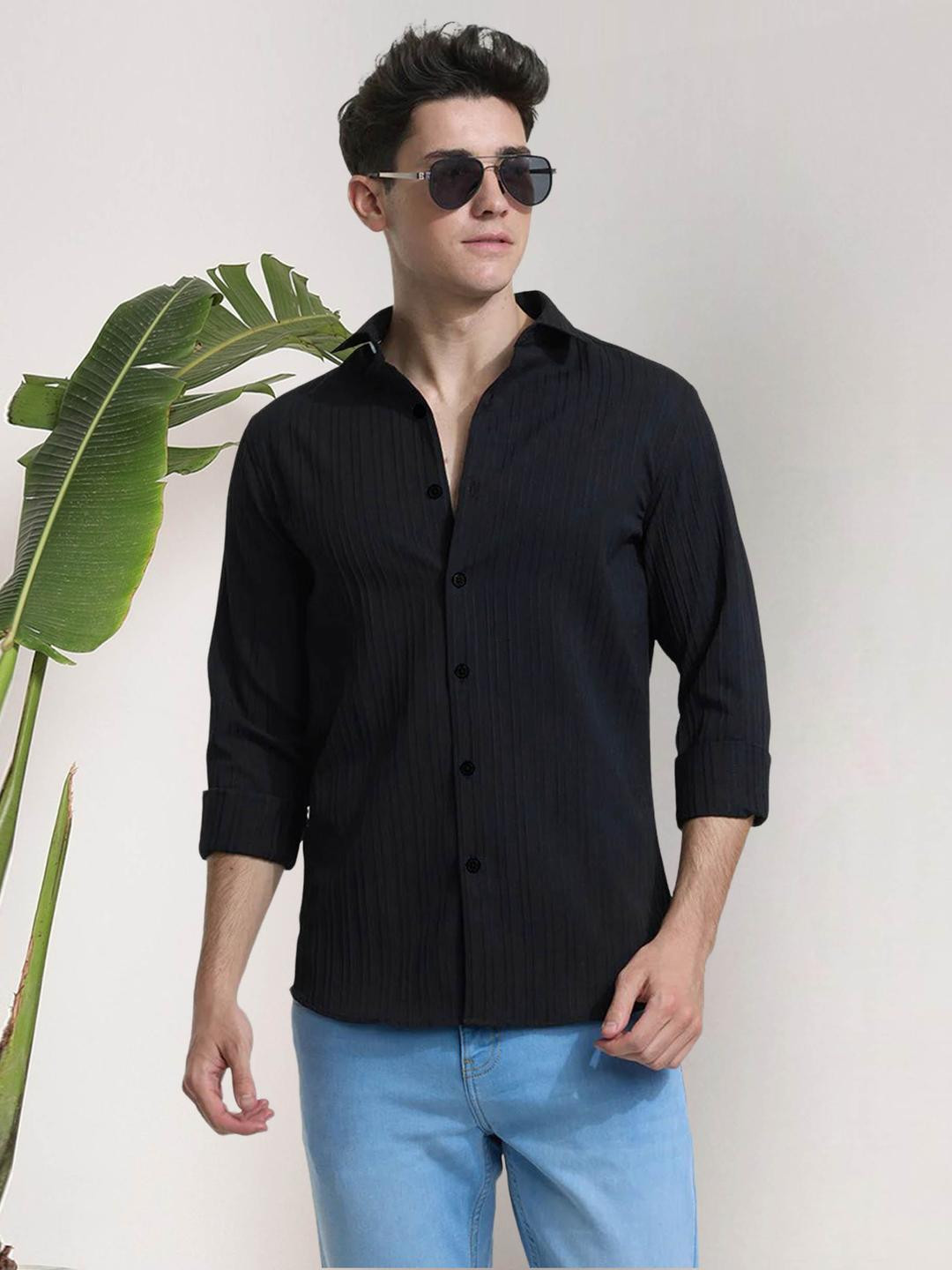 Moda Rapido Men Black Spread Collar Solid Full Sleeve Polyester Casual Shirts