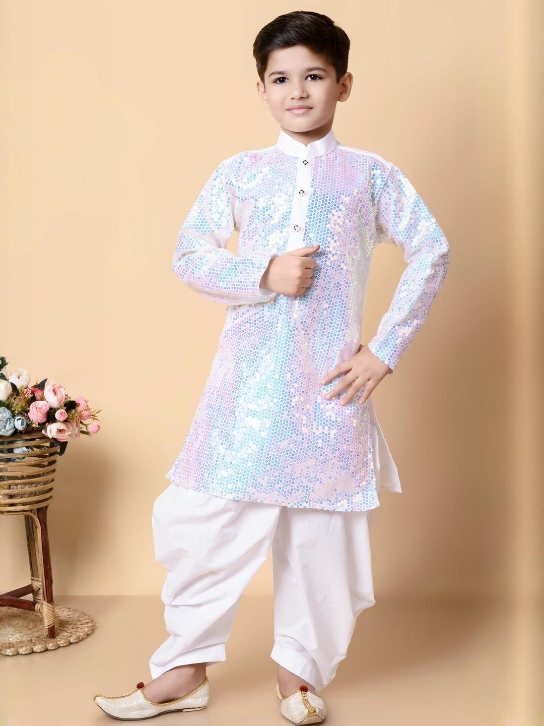 TAKE STYLE Boys White Dupion Silk Embroidered Kurta Sets
