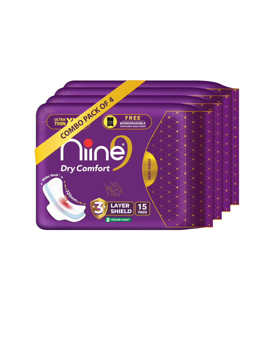 Niine Dry Comfort Ultra Thin XL+ 3 Layer Shield Protection With Disposable Bags 60 Pads