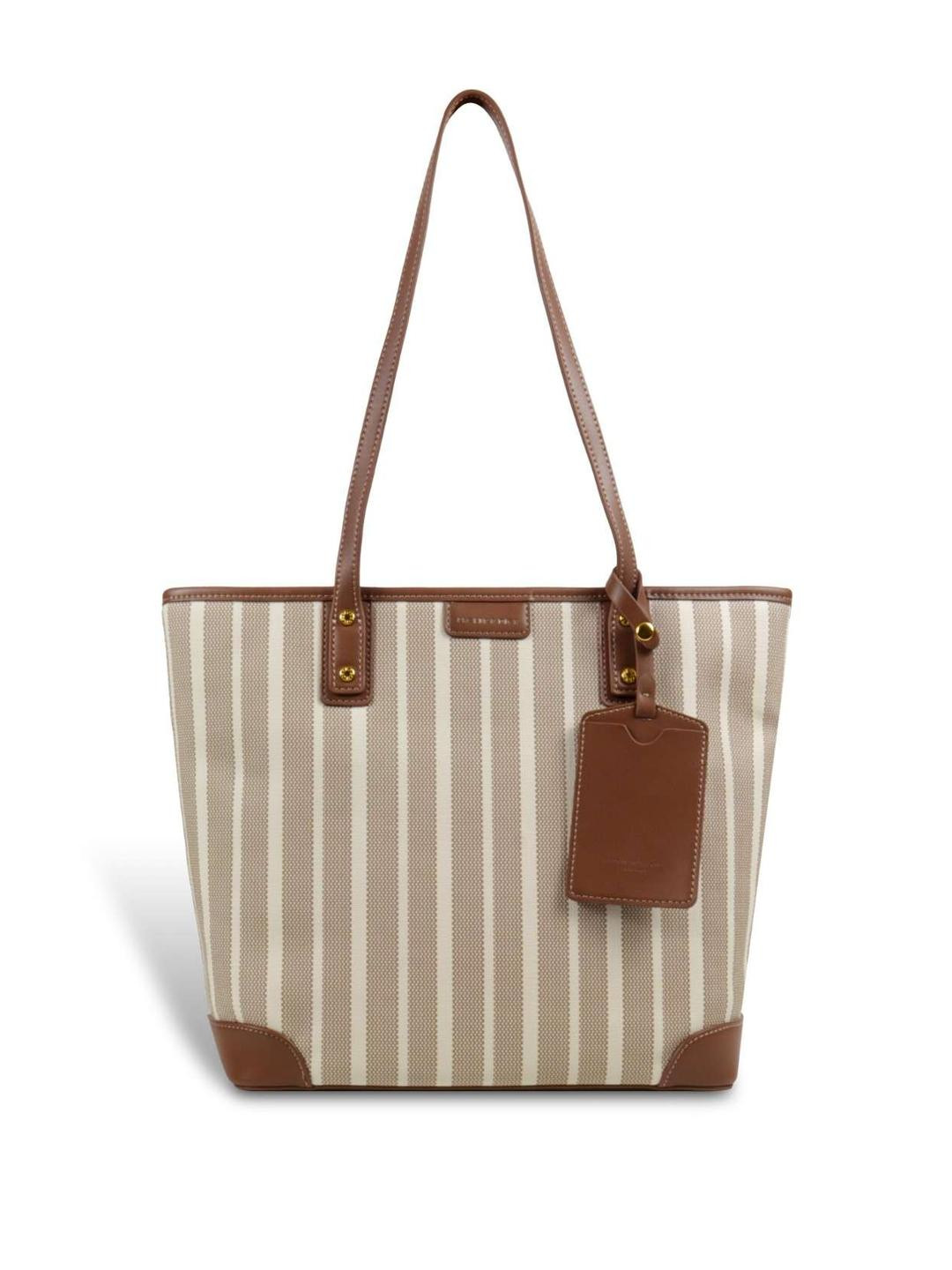MAGNOLIA Women Beige & Brown Striped Tote Bag with Detachable Tag