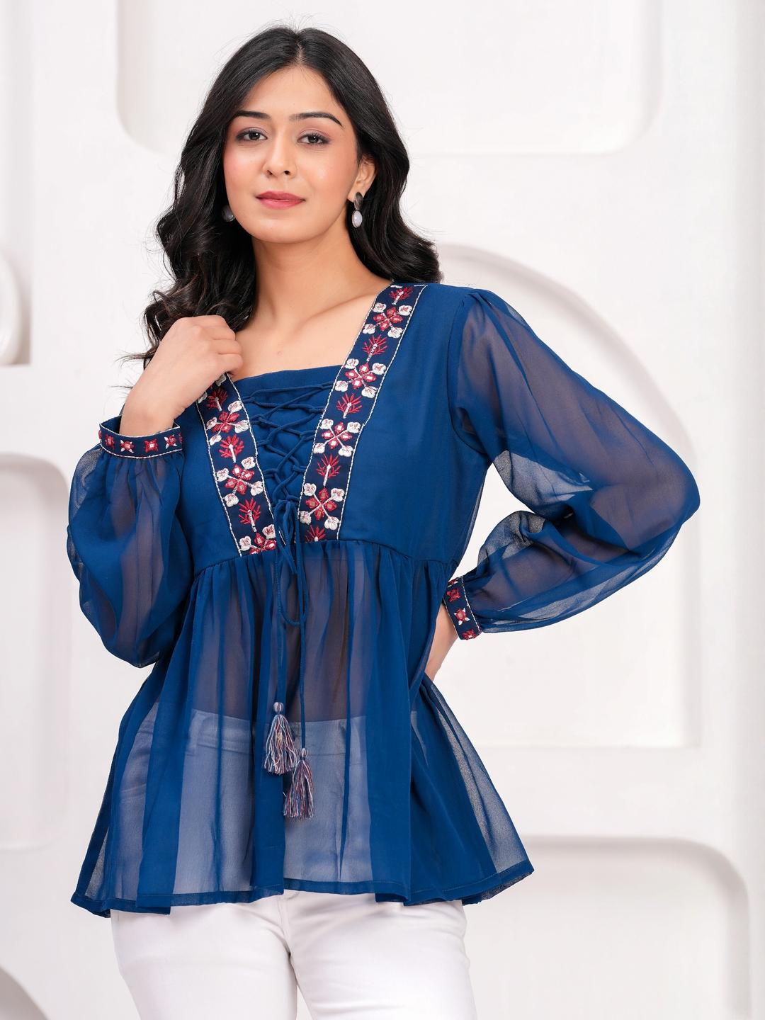 Khalish Women Blue Embroidered Lace Sheer Square Neck Long Sleeves Georgette Top