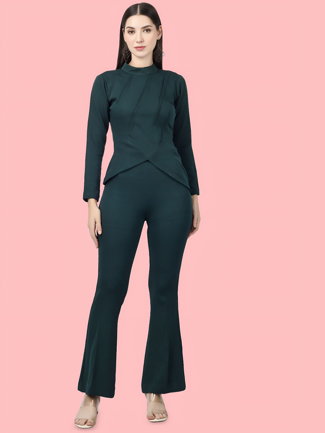 WOWNOON Self Design High Neck Top & Trousers Co-Ords Set