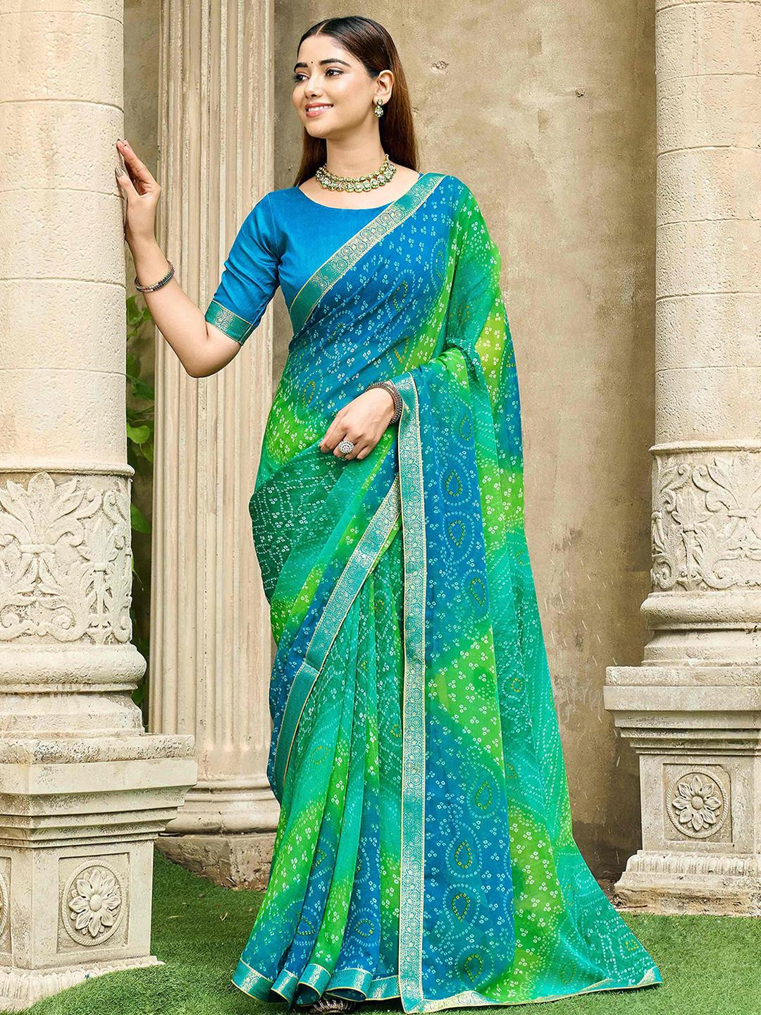 KALINI Green Poly Chiffon Printed Sarees