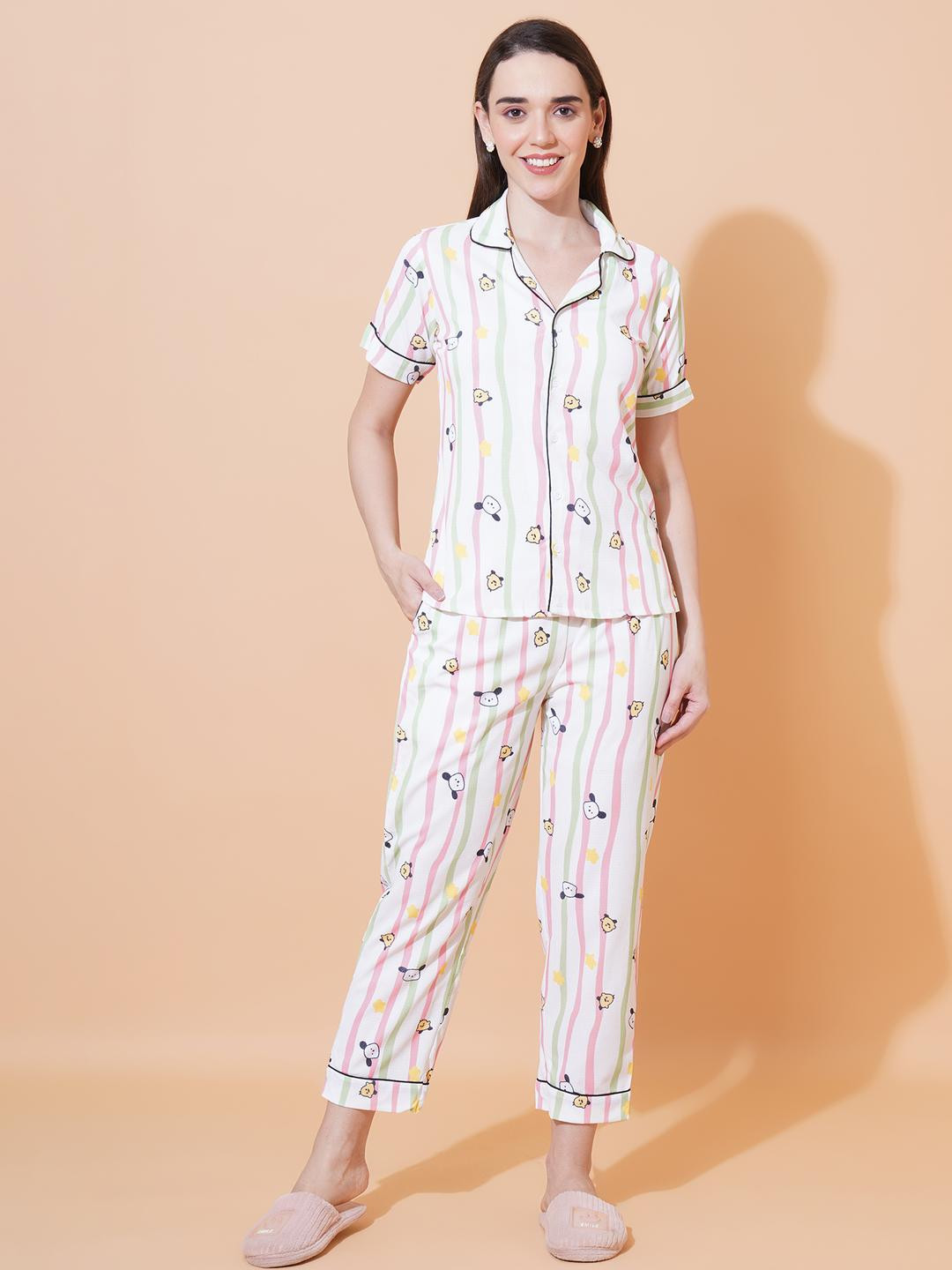 ARV TRENDS Women White & Multicolored Striped Night suit