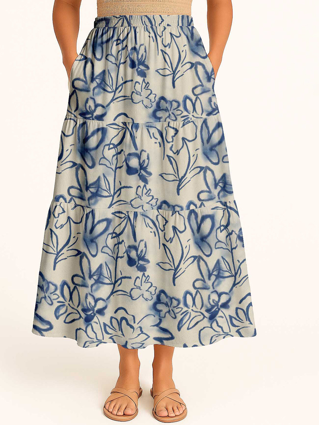 Moomaya Floral Printed Flowy Tiered Maxi Skirt