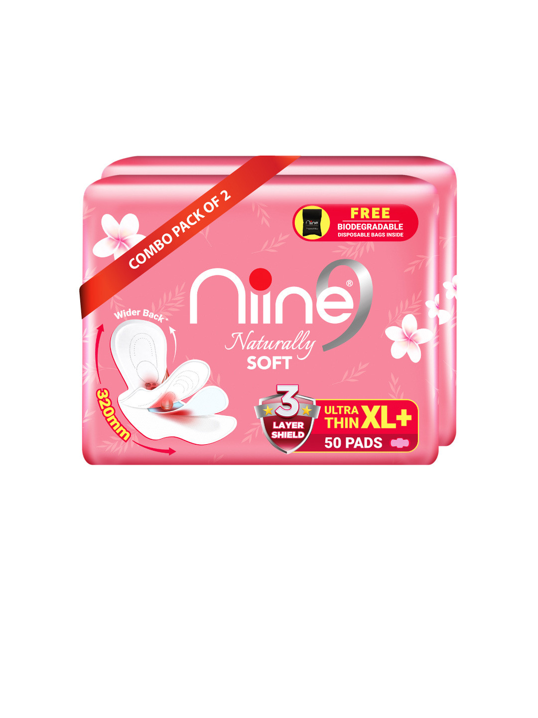 Niine Combo of 2 XL+ Soft Ultra Thin Pads With Disposable Bag Three Layer Shield 100 Pads