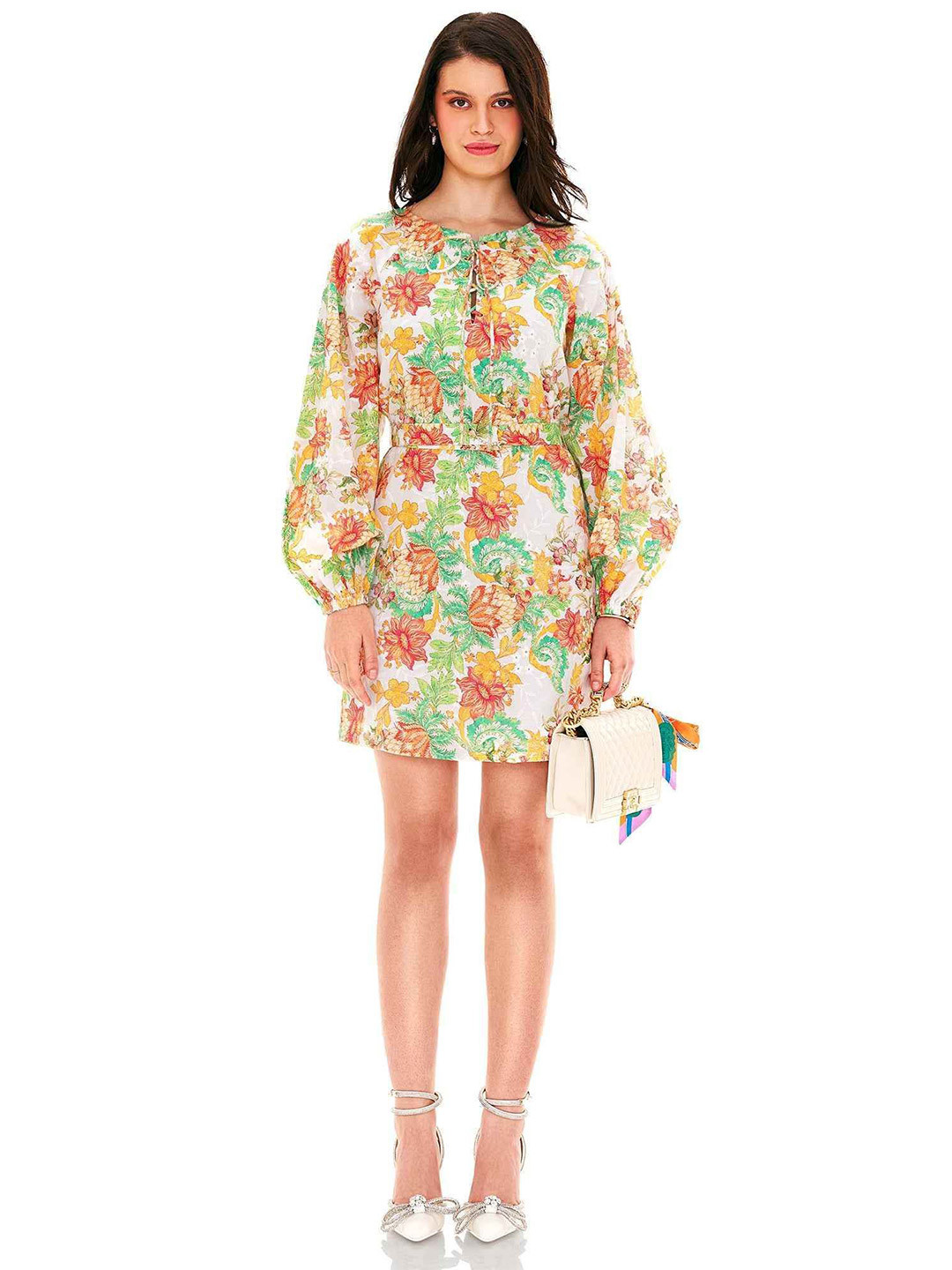 PRETTY PIXIE Women Floral Printed Lace-Up Puff Sleeve Fit & Flare Dress