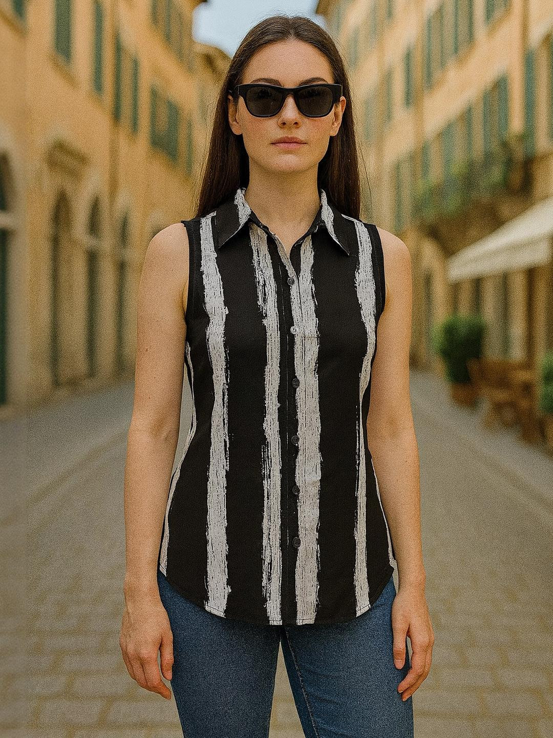 DressBerry Women Black Georgette Striped Classic Casual Shirts