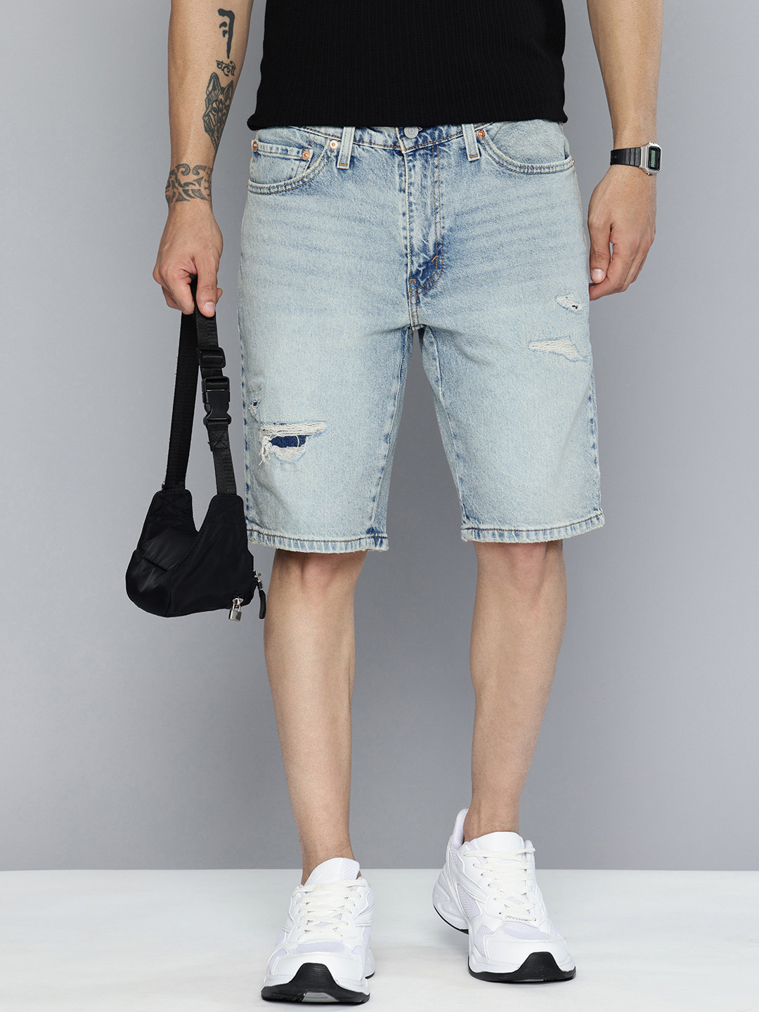 Levis Men 541 Distressed Tapered Fit Denim Shorts