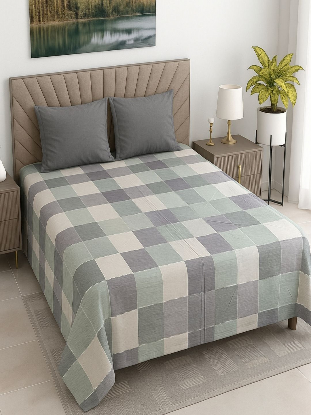 Threadwear Indulgence Beige Printed Cotton 400 TC Super King Bedsheet Set 2.75 x 2.75 m