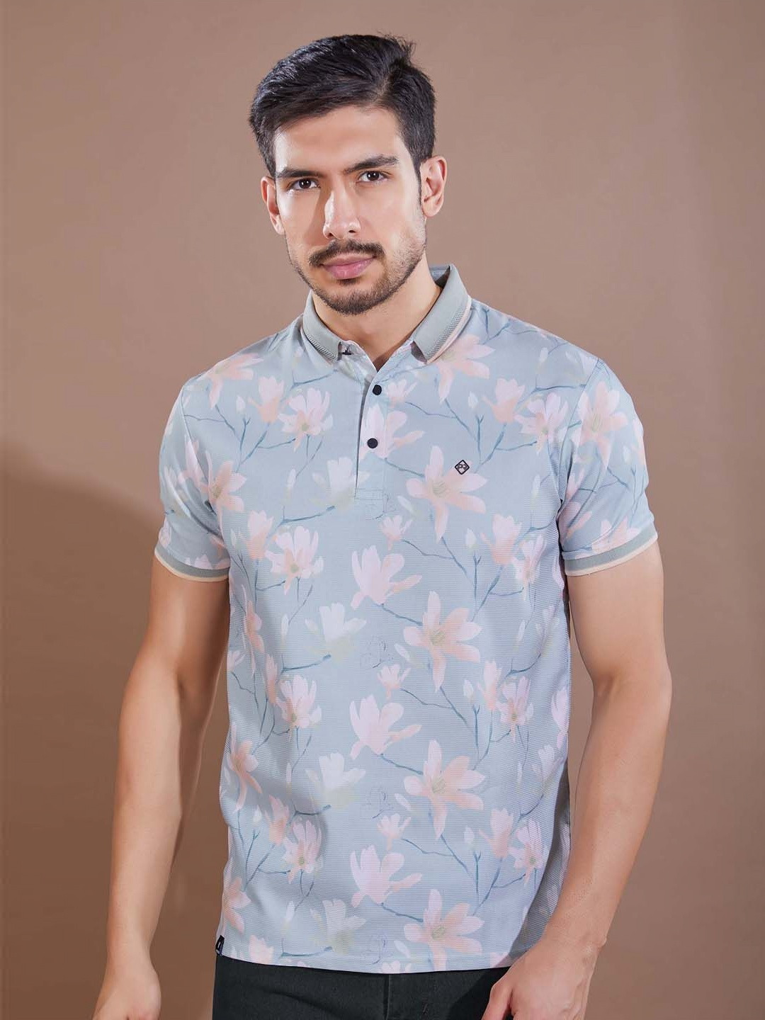 PRORIDERS Men Floral Printed Light Blue Regular Fit Polo T-shirt