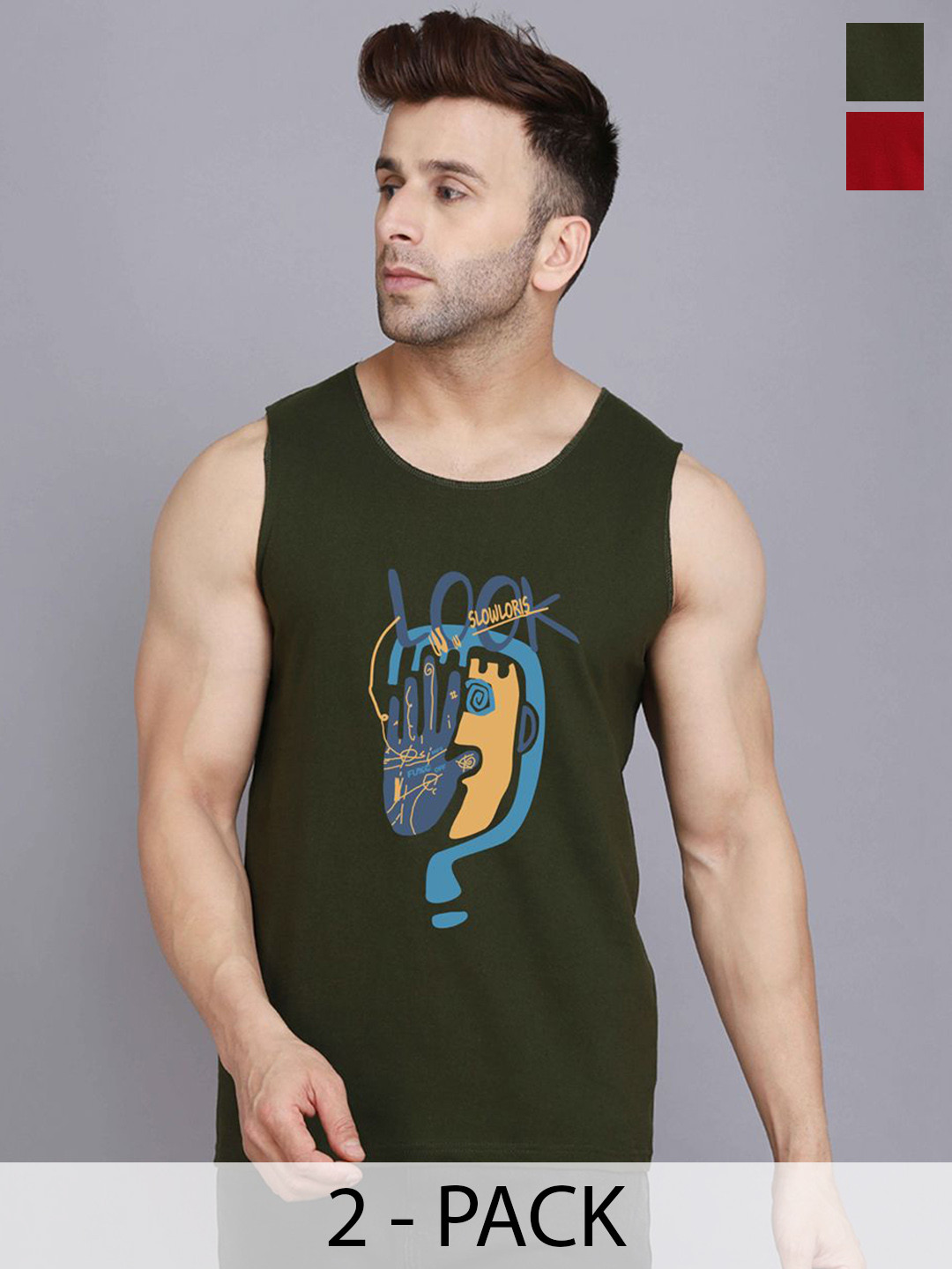 SLOWLORIS Men Pack Of 2 Printed Gym Vests VSL26 CMB(LOOK OLIVE)(PLAIN MAROON)