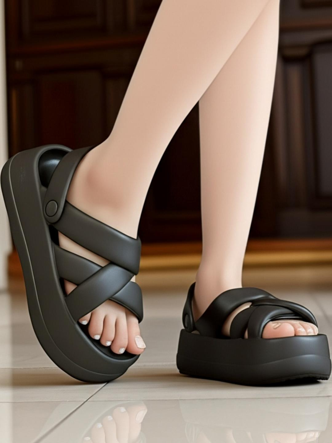 VINTEX Women Black Criss-Cross Chunky Platform Casual Sandals
