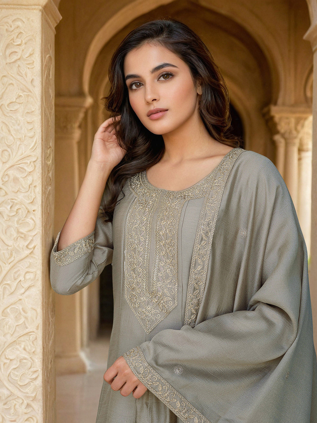 Skylee Pop Floral Embroidered Thread Work A-Line Kurta With Trousers & Dupatta