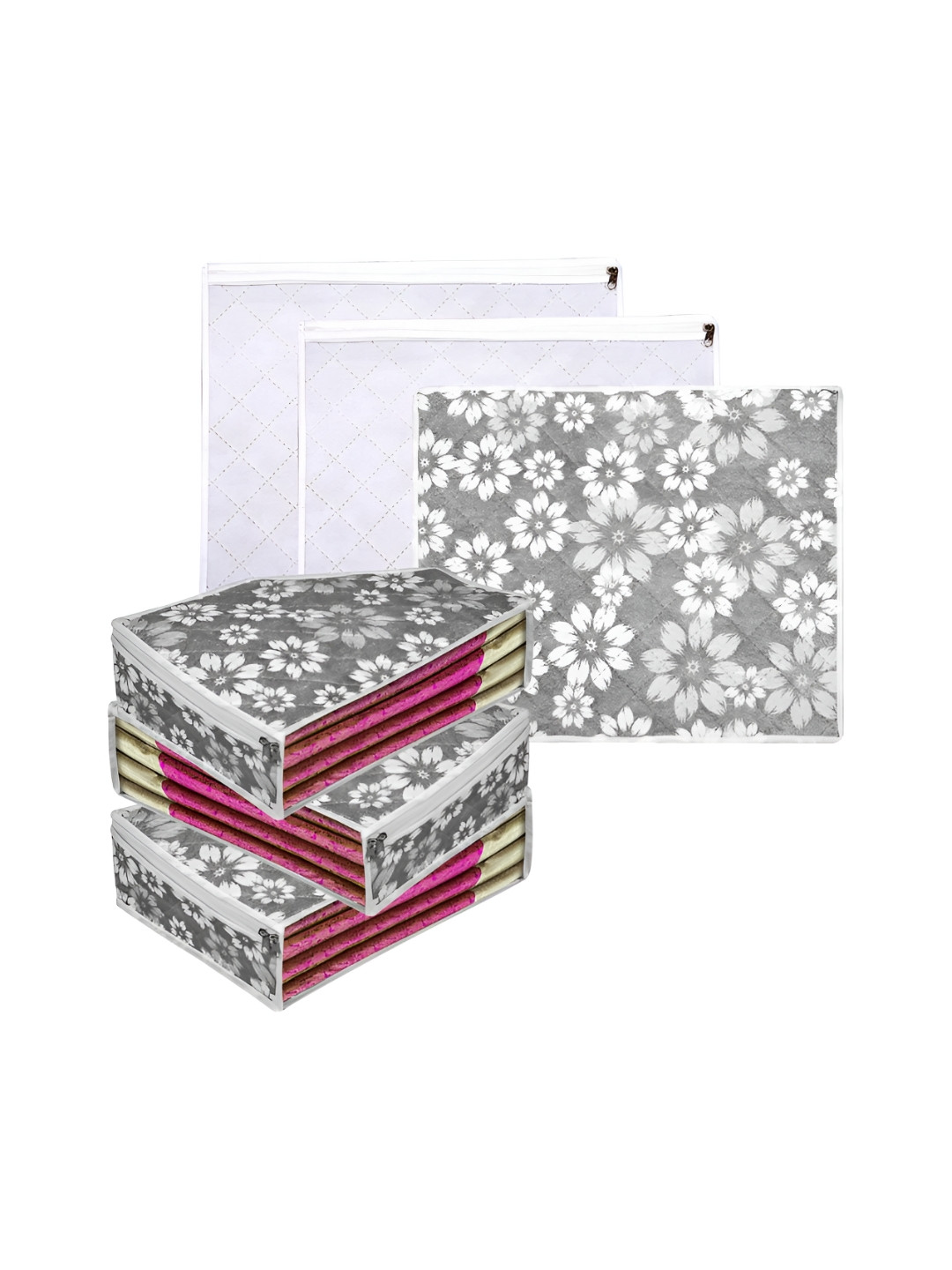 Aura Grey & White 6 Pieces Printed Blouse & Single Saree Cover Organisers