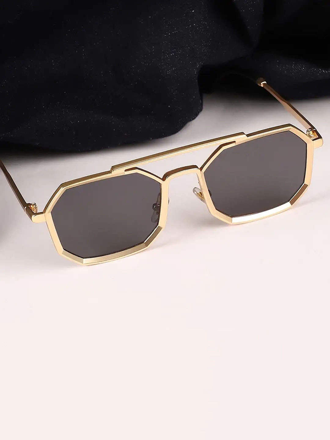 SPADEACES Unisex Rectangle Sunglasses with UV Protected Lens GOLD BLACK HEXAGUN -343