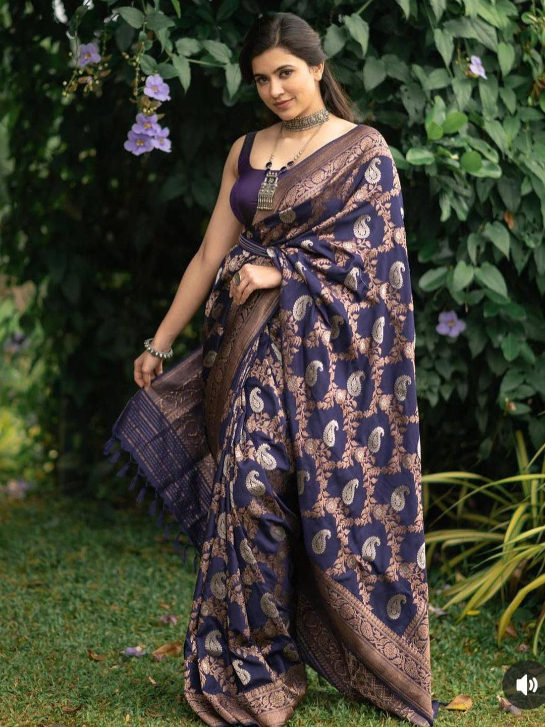 GHAN SALS Navy Blue Silk Blend Woven Design Sarees