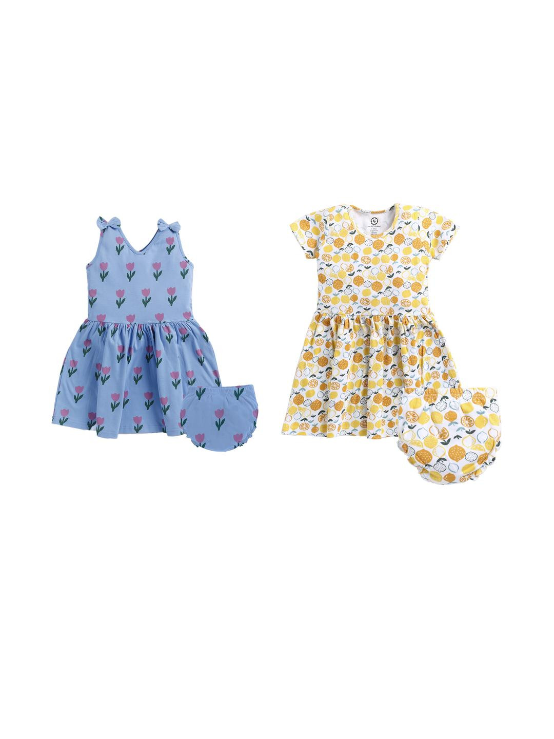 THE COTTON BABY Girls Set Of 2 Yellow & Blue Floral Printed A-Line Midi Dress With Panty