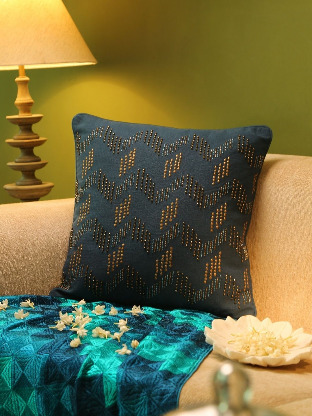 Revive Home Blue & Gold Toned Beaded Cotton Square Cushion Cover