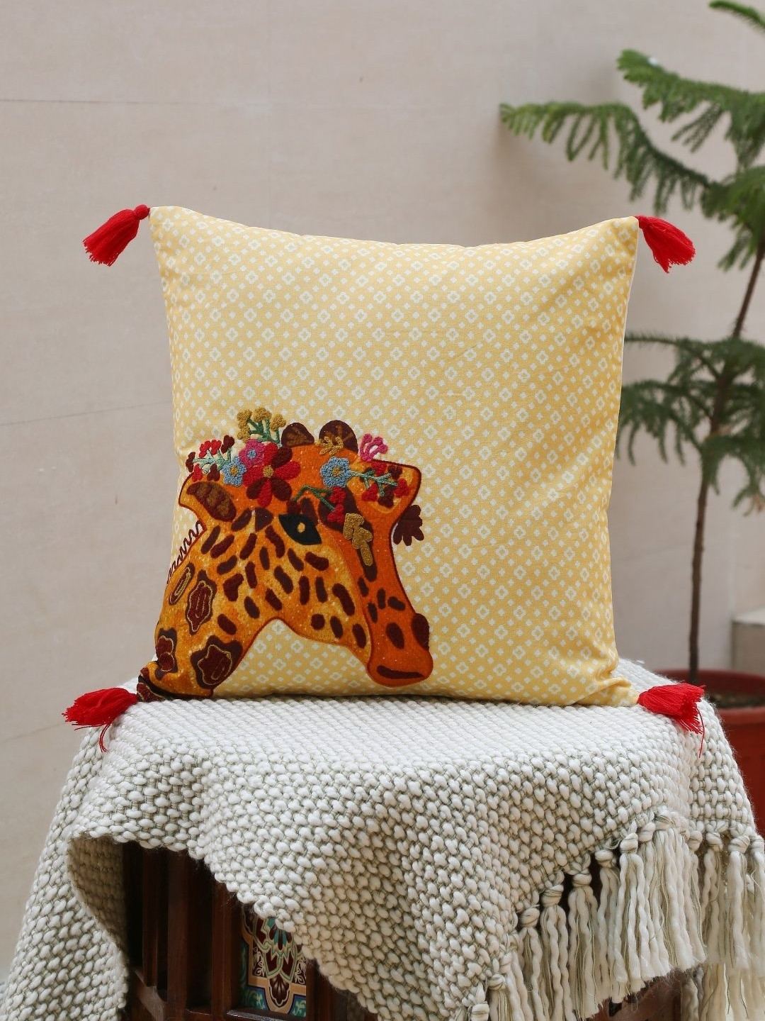 Revive Home Yellow & Orange Giraffe Design Embroidered Square Cotton Cushion Cover
