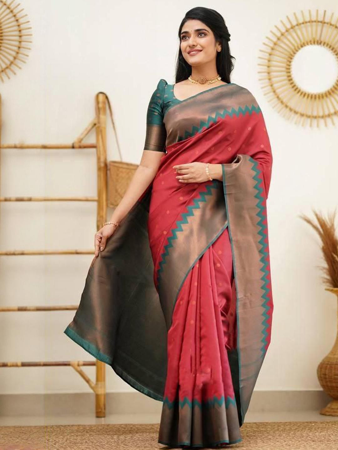 GHAN SALS Red Silk Blend Woven Design Sarees