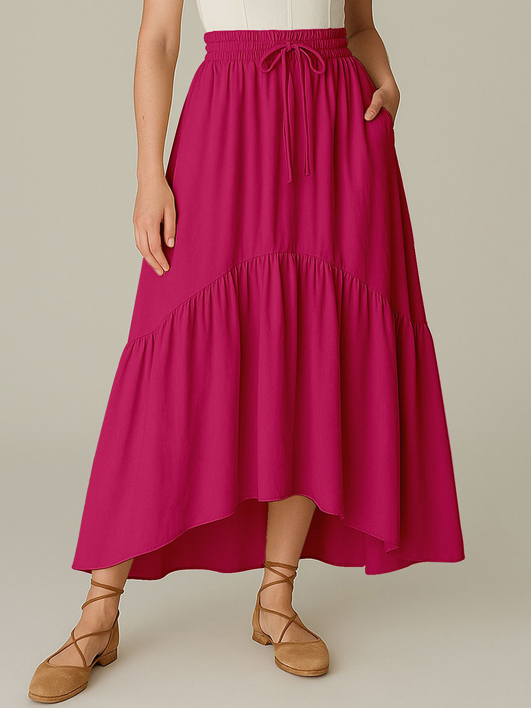 Moomaya Pleated Flared Maxi Asymmetric Skirt With Pockets