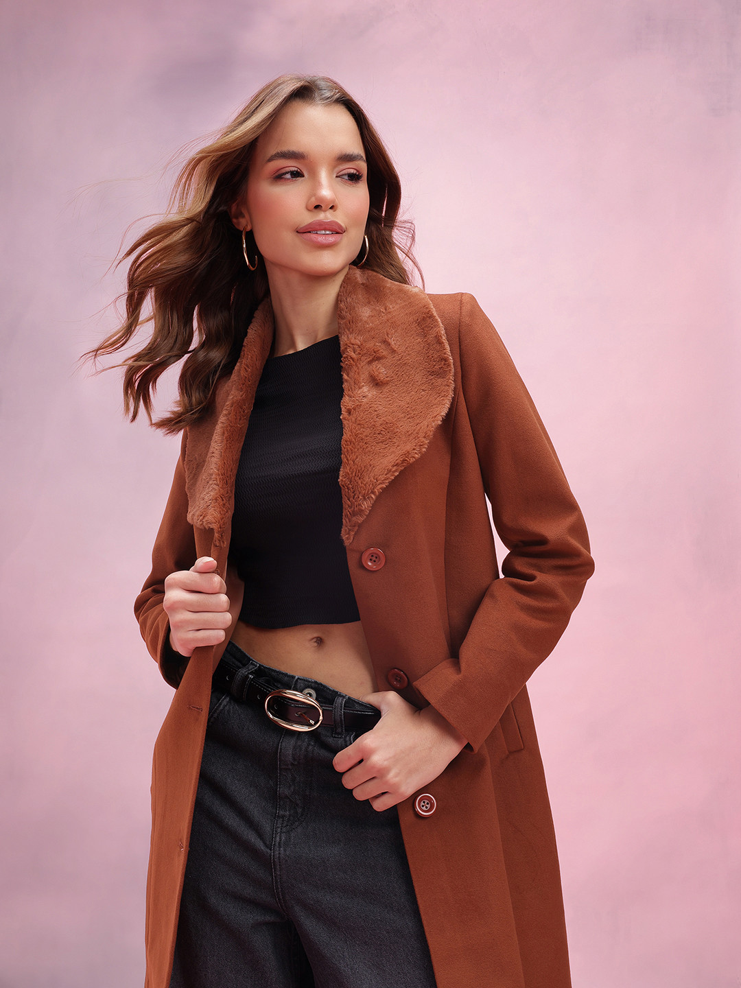 DressBerry Faux Fur Trim Single Breasted Paneled Overcoat