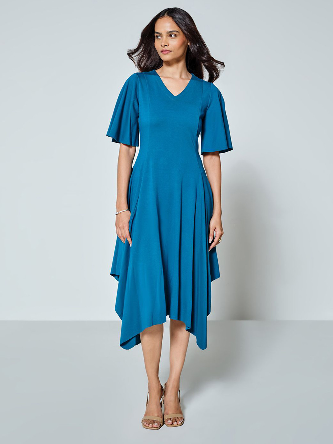 AND V-Neck Flared Sleeve Fit & Flare Dress
