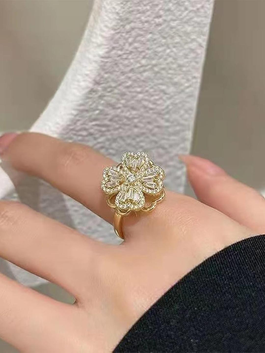 DressBerry Women Gold-Plated Rotating Cubic Zirconia Studded Adjustable Clover Ring