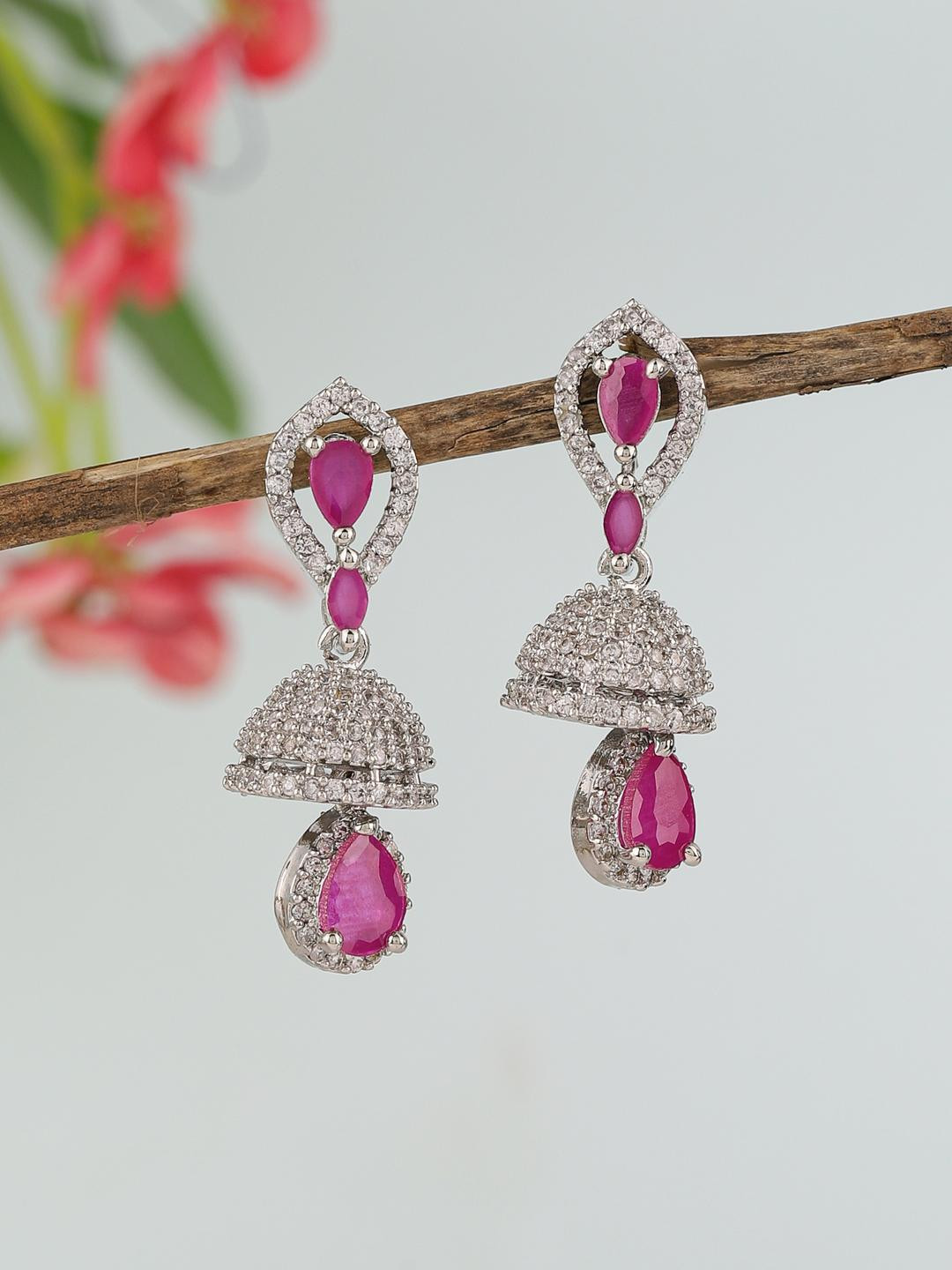 Bhagya Lakshmi Pink Alloy American Diamond Jhumkas