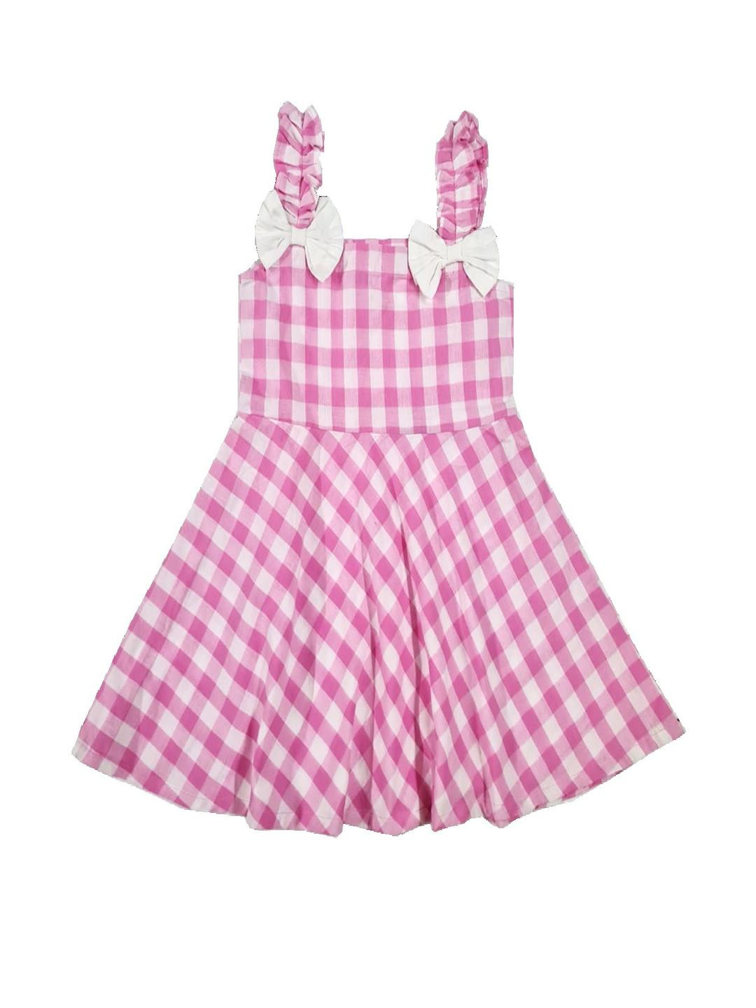Cutoos Girls Pink Checkered Shoulder Straps Cotton Fit & Flare Dress