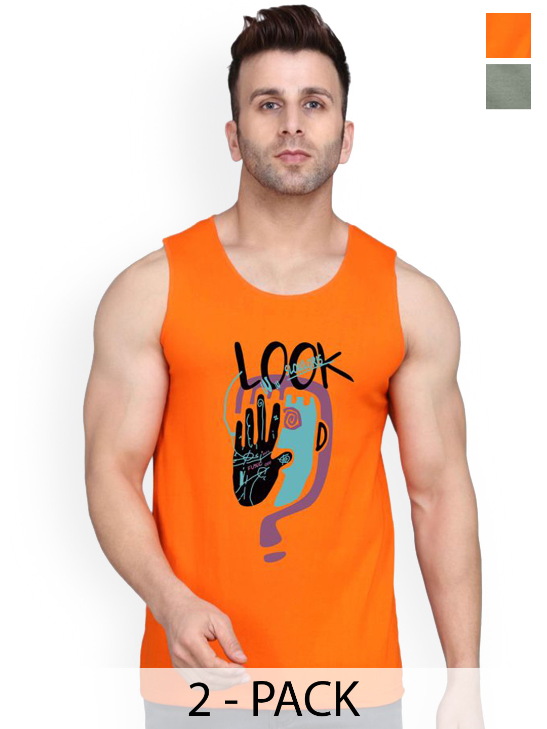 SLOWLORIS Men Pack Of 2 Printed Cotton Gym Vests VSL26 CMB(LOOK ORANGE)(ADV LGTGREEN)