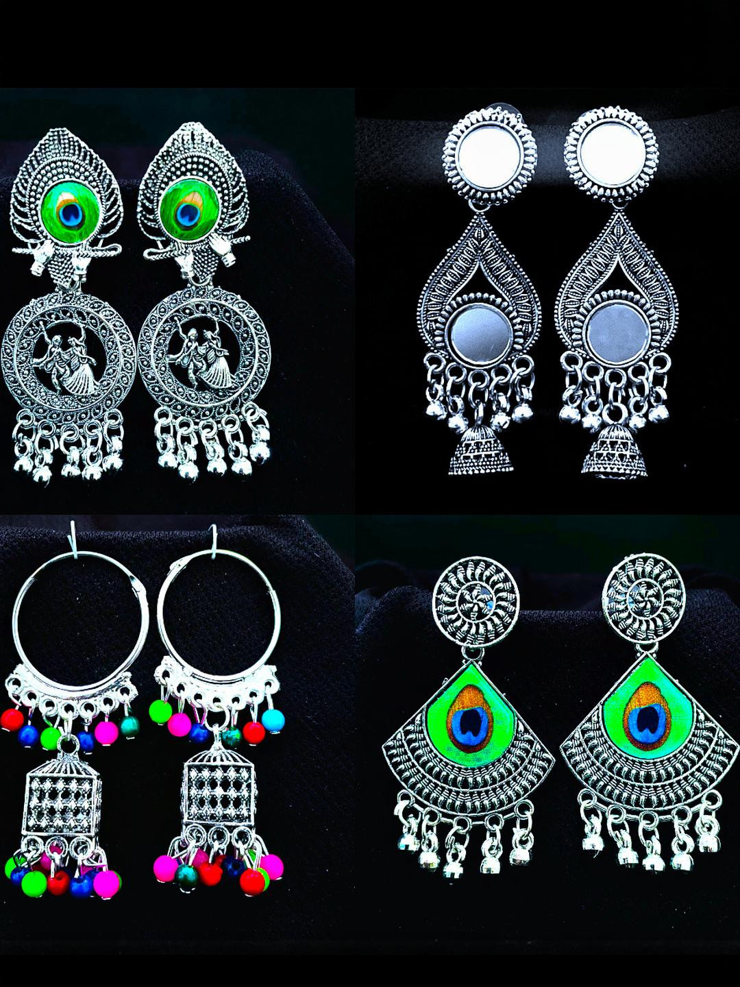 ANNORA INTERNATIONAL Pack of 4 Silver-toned Jhumkas Earrings