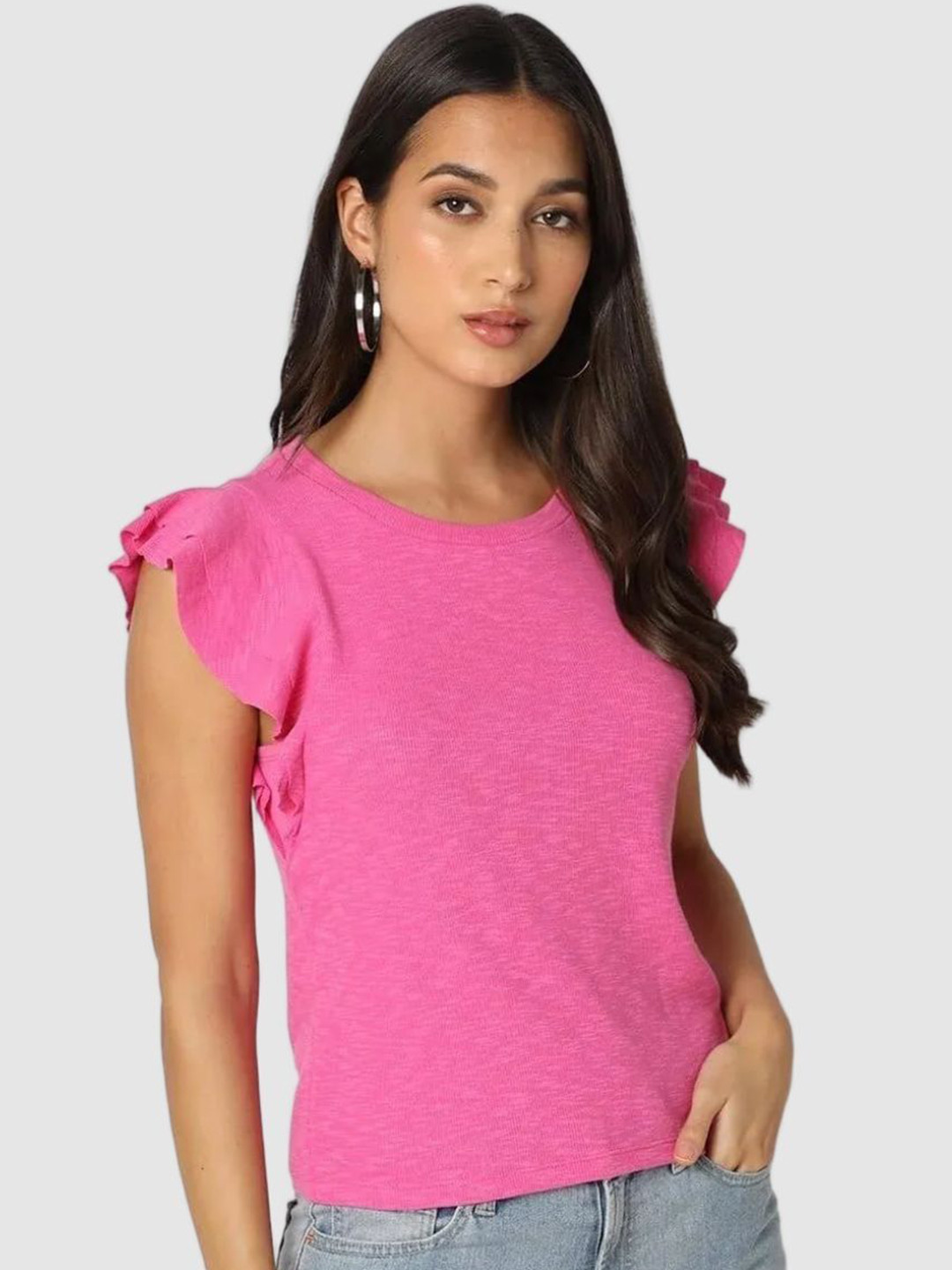 GAP Women's Round Neck Flutter Sleeves Melange Fitted Regular Top