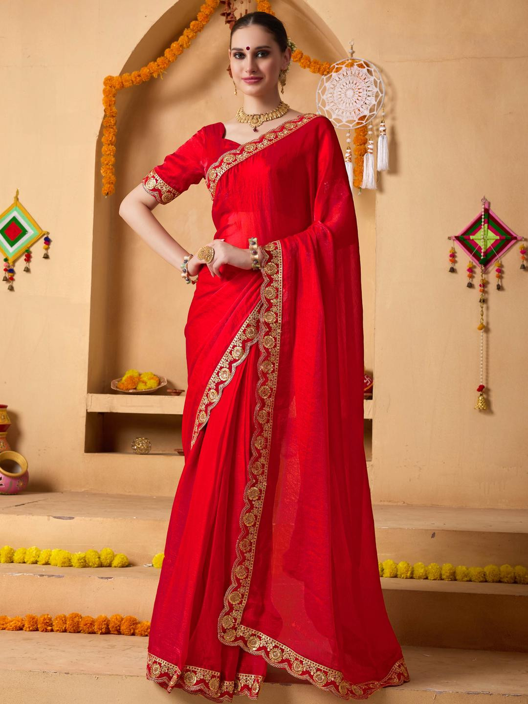 RACHNA Red Tissue Solid Sarees