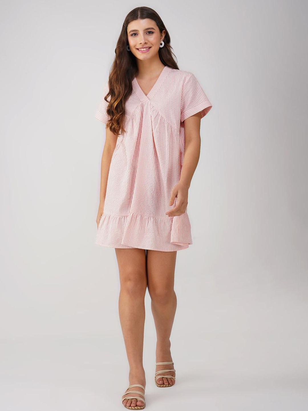 HERE&NOW Women White & Pink Striped V-Neck A-Line Cotton Mini Dress With Flared hem