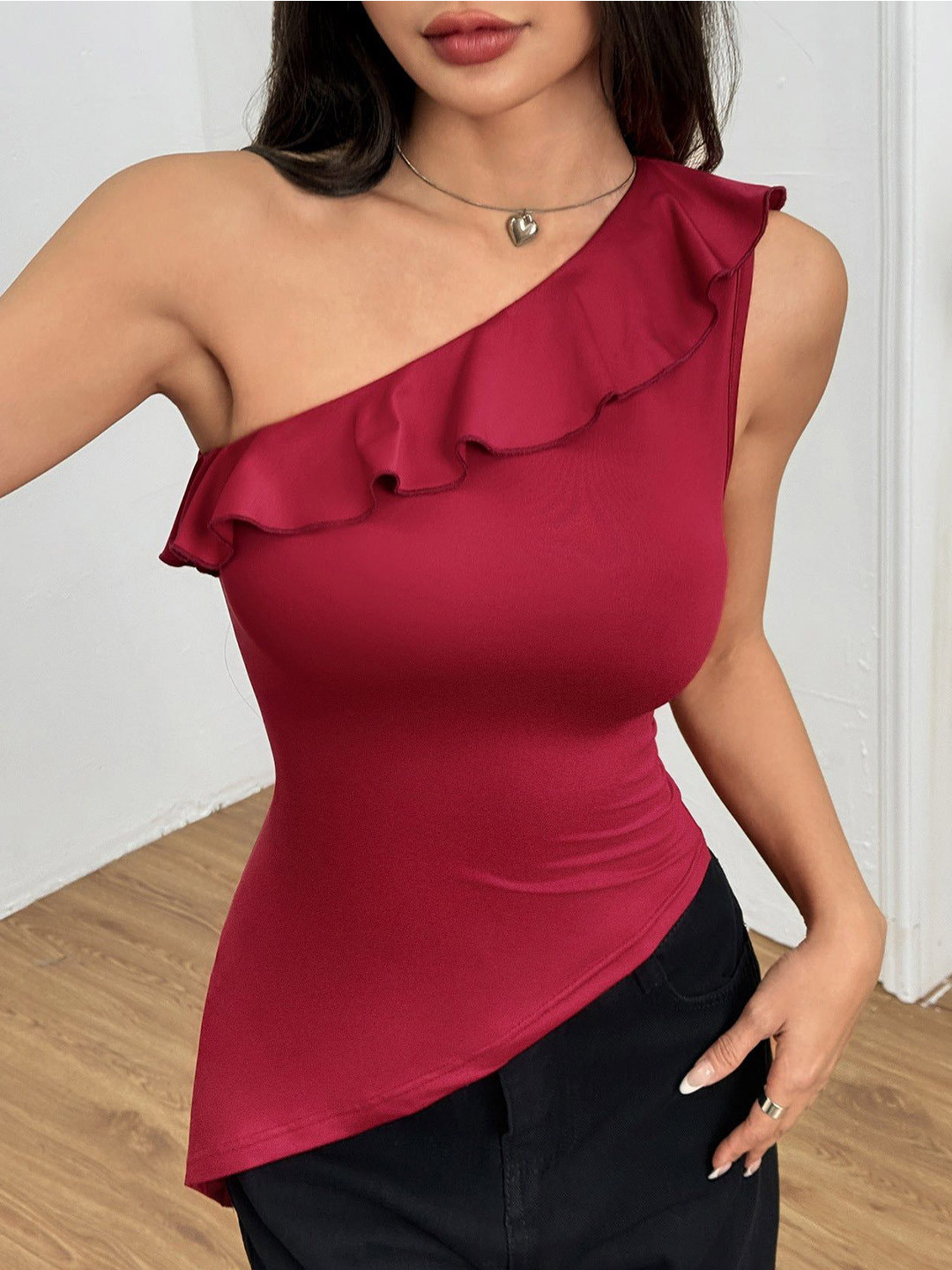 Outzidr One Shoulder Ruffle Fitted Top