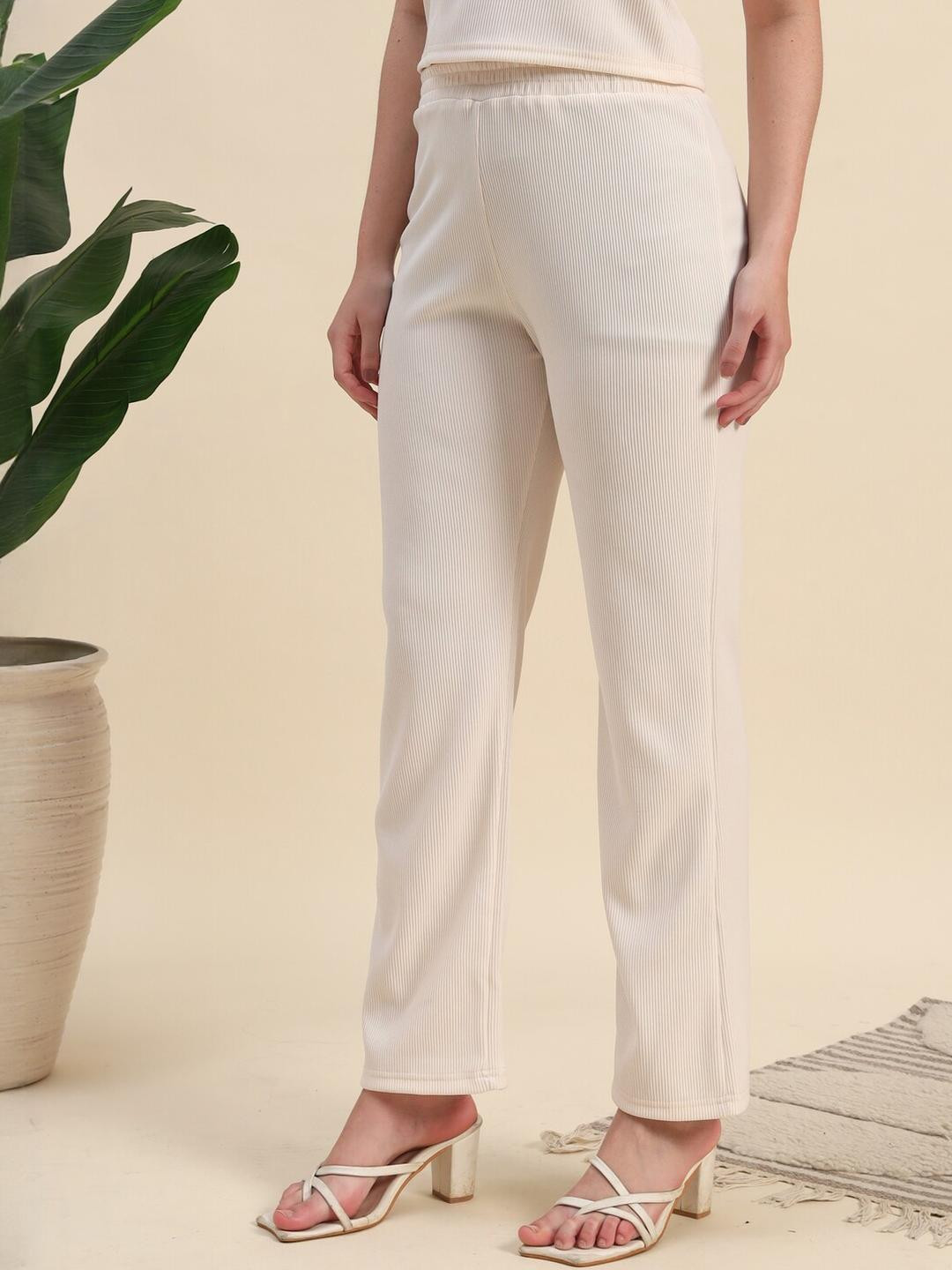 Leewan Women Striped Relaxed Straight Fit High-Rise Easy Wash Trousers