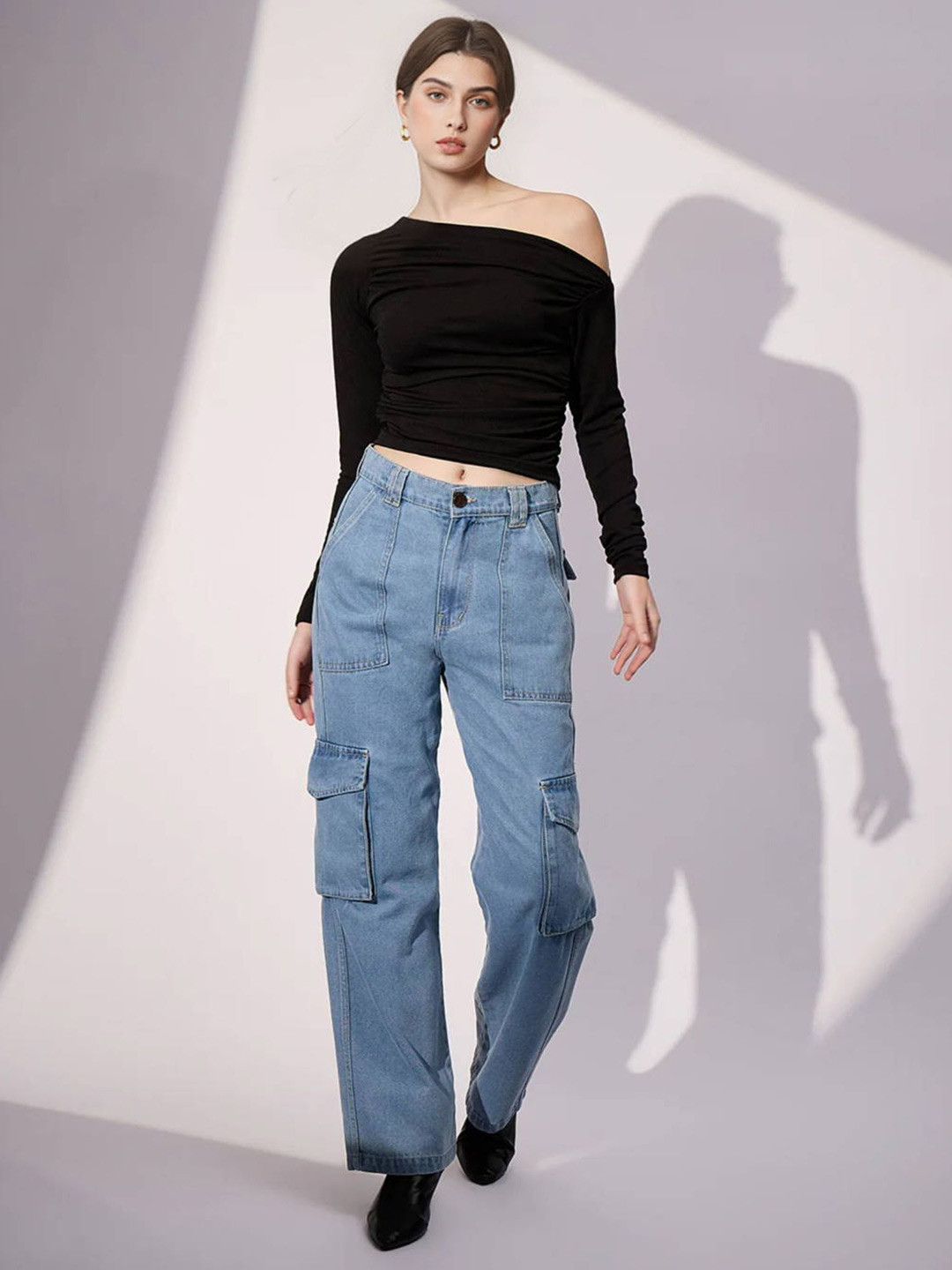 Istyle Can Asymmetric Neck Bardot Crop Top
