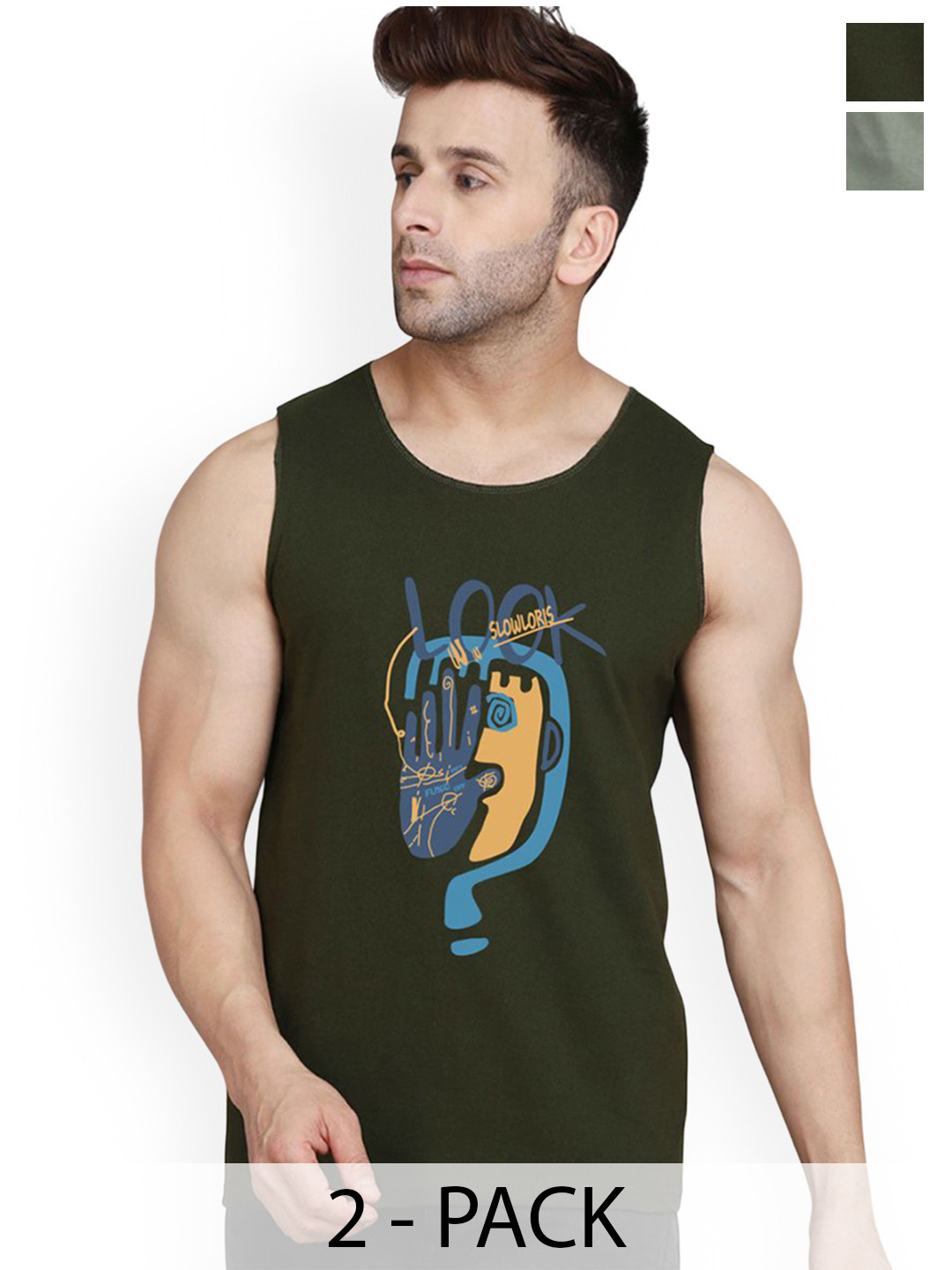 SLOWLORIS Men Pack Of 2 Printed Cotton Gym Vests VSL26 CMB(LOOK OLIVE)(JUST LGTGREEN)