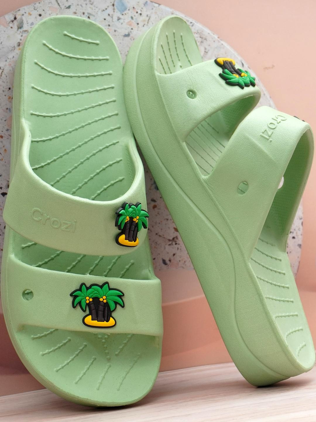 Shozie Women Green With Tree Applique Striped EVA Sliders