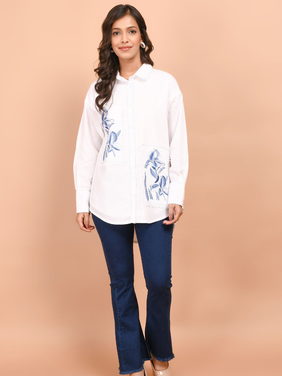 Zolo Label Women Over Sized Embroidered Cotton Shirt Style Top