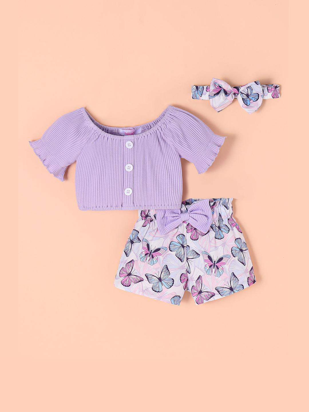 Hopscotch Girls Lavender Ribbed Top & Butterfly Printed Shorts With Bow Waist Belt