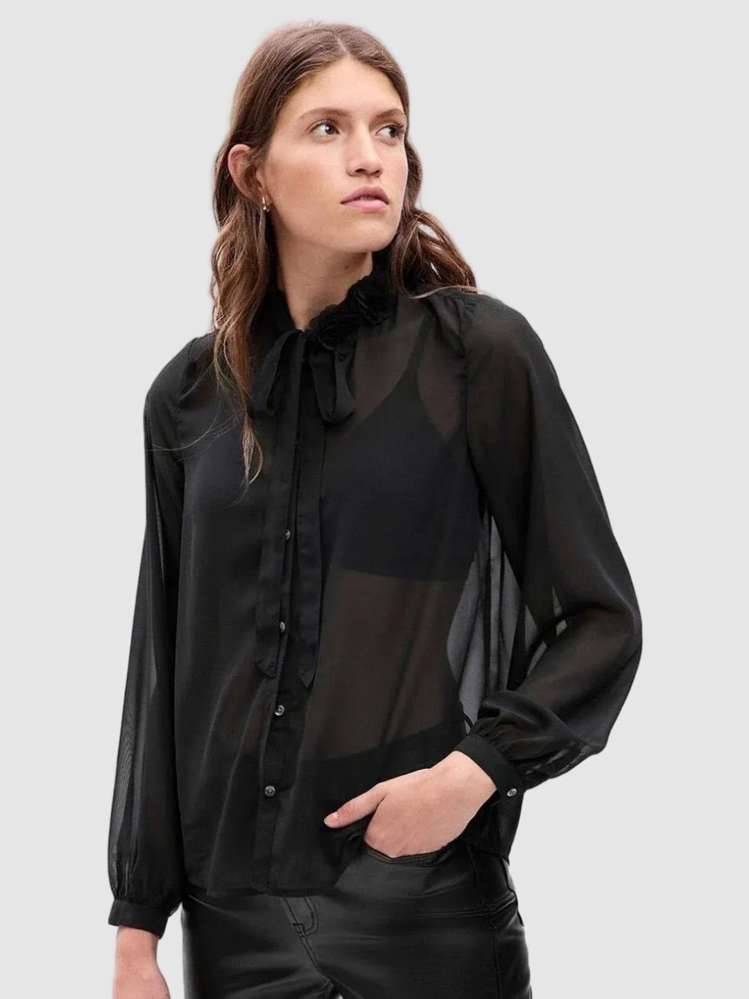 GAP Women Pussy-Bow Solid Shirt-Style Top