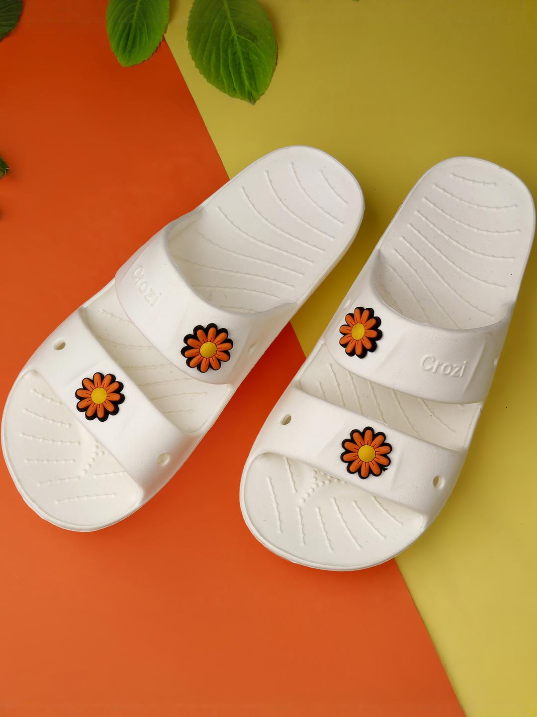 Shozie Women White With Orange Floral Applique Striped EVA Sliders