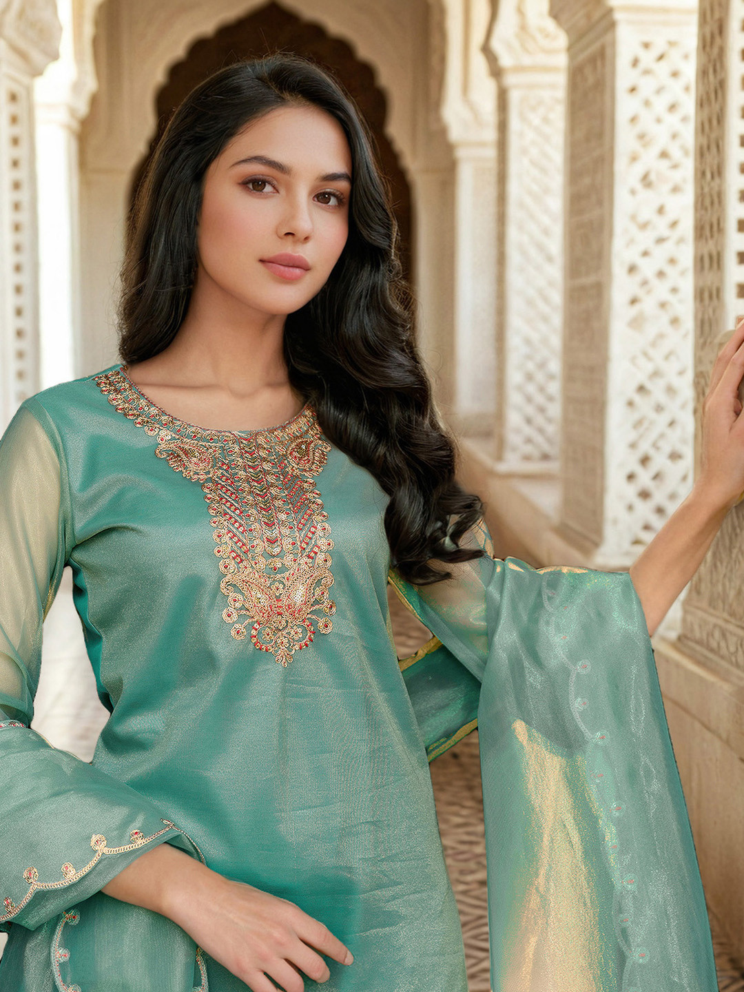 Skylee Pop Floral Yoke Design Net Straight Kurta With Trousers & Dupatta