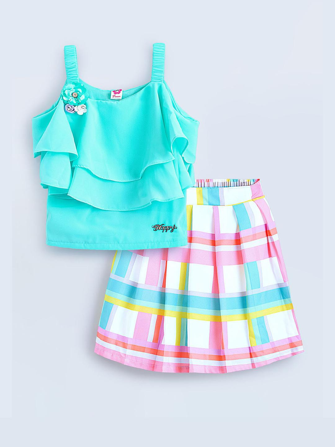 Hopscotch Girls Blue & Multicolor Sleeveless Blouse With Plaid Skirt Set