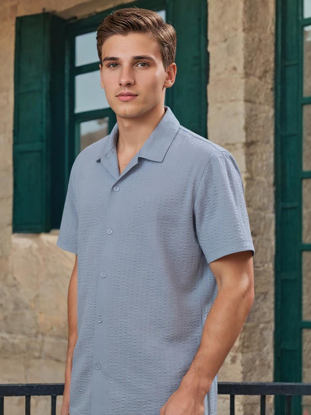 SZN Men Grey Cotton Striped Casual Shirts