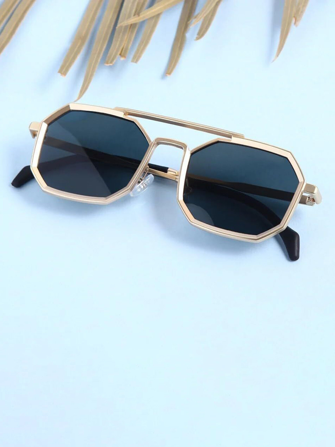SPADEACES Unisex Rectangle Sunglasses GOLD BLACK HEXAGUN -711